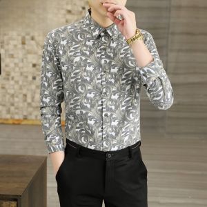 HENGYUANXIANG | Casual Floral Print Long Sleeve Shirt For Men Slim Fit Fashionable Autumn Business Casual Shirt By Hengyuanxiang Polyester Viscose Spandex