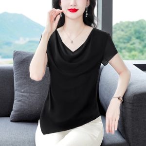 Ladieswear Chiffon Blouses for Women Summer New Arrival Short Sleeve Elegant Asymmetrical Purple Easiest for Match Slimming V-Neckline Western Style Small Shirt