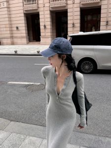 French Style Grey Knitted Dress Womens Fashion Slim Fit Half Open Collar Wrap around Skirt Long Dress Autumn Season