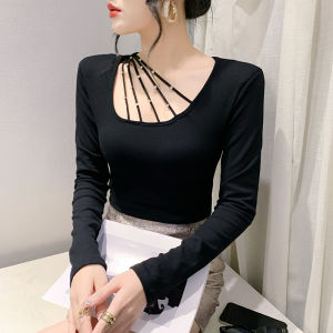 Yimei Thời Trang Và Đa Năng Ngành Công Nghiệp Nặng Kim Cương khảm phiên bản Hàn Quốc Top Với Dây Thắt Lưng Cho Giảm Béo Và tính cách thanh lịch Đàn Hồi Màu Đen dài tay T-Shirt Cho Phụ Nữ