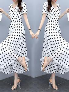 Polka Dot Chiffon Dress Womens Long Summer New plus Size Waist Cinching Slimming Belly Covering Two-Piece Set