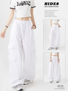 กางเกงขายาวทรงตรงสไตล์สตรีทสำหรับใส่ไปทำงานในฤดูร้อน กางเกงขายาวทรงหลวมเอวยางยืด กางเกงขายาวทรงหลวมสำหรับใส่ไปทำงานสไตล์อเมริกัน