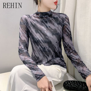 REHIN Autumn and winter new high-quality mesh half-high collar long-sleeved T-shirt fashionable slim-fit base shirt womens top