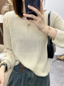 Autumn Knitted Sweater Womens round Neck Long Sleeve Hollow out Thin Base Shirt Loose Fit Pure Color Comfortable Style 2025 New