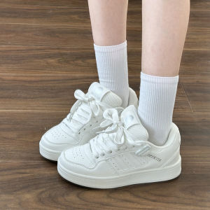 Casual Bread Shoe Womens White Sneakers Student Sports Flat Shoes Cross Buckle School Style Ultra-Fine Fiber round Toe Thick Heel