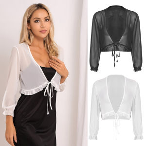 ชุดราตรีงานเลี้ยงสำหรับผู้หญิงคาร์ดิแกนผ้าชีฟองแขนยาวแบบสั้นเสื้อกันแดดชายระบายสำหรับฤดูร้อนผ้าคลุมไหล่สีขาวสีดำ