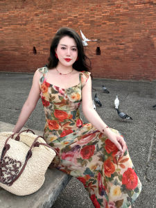 ย้อนยุค สลิมฟิต ลายดอก Beach Tea Break เดรส ผู้หญิง พลัสไซส์ สไตล์ฝรั่งเศส สูง เอว เดรส ฤดูร้อน 2024 คอลเลกชัน