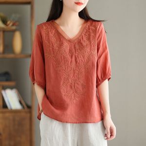 LUCKIN STORE Blouses for women Summer thin mid sleeved shirt Womens V-neck embroidery thin high-end cotton linen shirt top Blouses