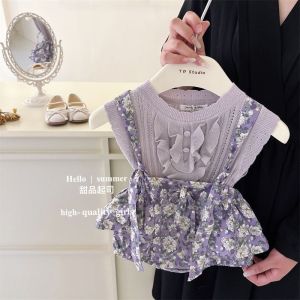 Korean Style Girls Summer Floral Print Pantsuit Cute Thin Vest Set with Ruffle Hem Overalls Two Piece Set for Ages 1-12