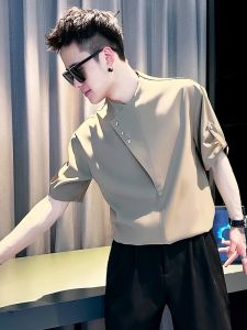 Ice Silk Short Sleeve Shirt Mens Summer Trendy Brand Five Sleeve Inches Shirt 2025 New Casual Stand Collar Shirt Polyester Spandex