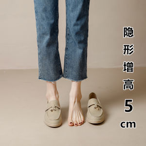 รองเท้าส้นเตี้ยผู้หญิงแบบสวมหัวเหลี่ยมสไตล์อังกฤษ ทรงหัวมน ส้นสูงปานกลาง หนังแท้ หัวเข็มขัด ทรงลำลอง สวมใส่สบาย