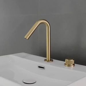 Stenoc Bathroom Brushed Gold Brass Basin Faucet Single Handle Two Holes Separate Bathroom Sink Tap 360 Rotating Hot Cold Switch