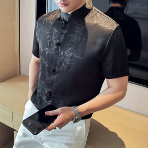 New Chinese Style Mens Shirt Summer Thin Long Sleeve Stand Collar Ice Silk Embroidery Fashionable Urban Youth Daily Wear