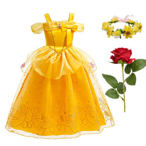 Kids Belle Elegant Costume Girls Princess Birthday Cosplay Party Yellow Mesh Dress Children Carnival Luxury Ball Gown