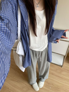 กางเกงกีฬาเอวสูงสีเทา กางเกงขายาวทรงหลวมๆ สำหรับผู้หญิง กางเกงขายาวทรงตรงหลวมๆ สไตล์ลำลอง ฤดูใบไม้ผลิและฤดูใบไม้ร่วง