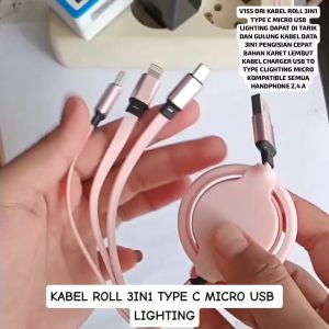 V155 ORI KABEL ROLL 3IN1 TYPE C MICRO USB LIGHTING TARIK DAN GULUNG LIPAT DATA PENGISIAN CEPAT CABLE