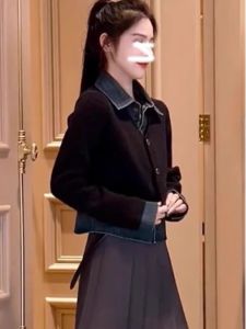 Chic Patchwork Denim Knitwear Womens Spring Autumn Fashion Design Versatile Ageless Top Small Fragrance Style Korean Version