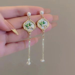 New Chinese Style Jade Bamboo Womens Earrings Retro National Trend Ancient Costume Hanfu Ear Jewelry Fashion Accessories