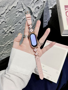 Iboann Metal Leather Bracelet for Xiaomi Band 9/8/7 Three Leaf Grass Pattern Chain Style Womens High-End Fashion Replacement Band