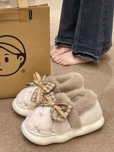 น่ารัก ผ้าฝ้าย รองเท้าแตะสําหรับผู้หญิง ฤดูหนาว สไตล์ใหม่ Bowknot Plush บ้านในร่มสวมใส่สบาย อุ่น รองเท้าแตะส้นหนังนิ่ม