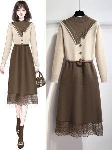 Long Knitted Dress Womens Winter Luxury Base Layer Sweater Dress A-Line Skirt High Waist Button Detail Lace Panel Color Block