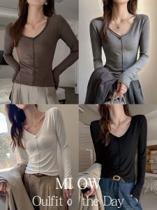 MiiOW | เสื้อยืดคอกว้างแขนยาวผู้หญิงฤดูใบไม้ร่วง/ฤดูหนาวเสื้อชั้นในสุดเก๋ไก๋ ทรงหลวม ปกติ คอวี อบอุ่น ระบายอากาศได้ดี เสื้อผ้าทำงาน