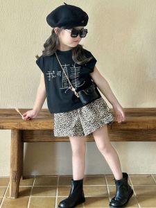Girls Summer Outfit Leopard Print Sleeveless Top And Shorts Two Piece Set Trendy Child Clothing Korean Style Childrens Ensemble