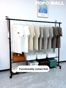 Double Pole Clothes Rack with Wheels Stainless Steel Bedroom Balcony Clothes Hanging Rack Metal