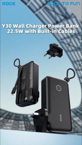 Rock Wall Charger 22.5W Power Bank 10000mAh Travel Portable  with Multiple Built in Cable USB C and US UK EU Plugs