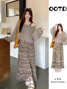 plus Size Knitted Dress Set with Tassel Hollow out Design Womens Spring Autumn Fashion A-Line Skirt Long Sleeve One-Shoulder