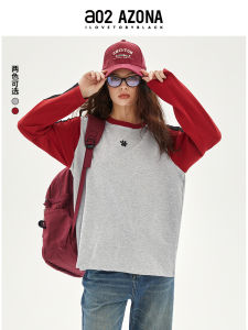 เสื้อยืดคอกลมปักลายแฟชั่นสำหรับผู้หญิง เสื้อชั้นในสีแดง ทรงหลวม แขนยาว ผ้าฝ้ายผสมยางยืด ฤดูใบไม้ร่วง 2024