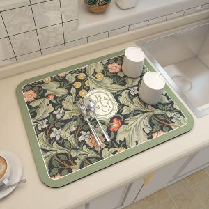 Topstar Quick Dry Table Mat Diatomite Dish Drying Mat Drain Pad for Kitchen Super Absorbent Vintage Floral Coaster