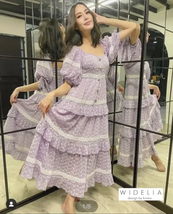 P007-033 PIMNADACLOSET - Short Puff Sleeves Embroidery Purple Chiffon  Dress