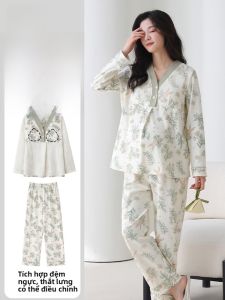 MiiOW | Pure Cotton Maternity Nightgown Womens Home Clothes Set With Chest Pad Pregnancy Nursing Special Ladies Sleepwear V-neck Long Sleeve