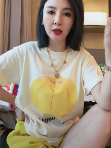 Summer New Style Womens Cotton Short Sleeve T-shirt Pumpkin Print Mid-Length Couple Tops Korean Style round Neck Tee