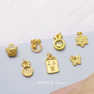 Ancient French Gold Copper Plating Color-Preserving Safe Happy Gourd Rabbit Ear Blessing Bowl Bows Pendant DIY Ornament Accessories