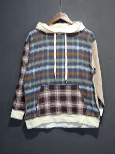 Export Mens and Womens Knitting Pure Cotton Patchwork Gingham Hooded Sweatshirt Couples Oversize Fashion Base Hoodie
