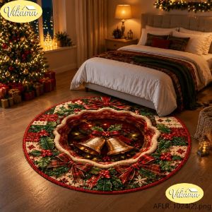 VIKAMA Christmas Round Rug Gold Bell Red Ribbon Holly Snow Area Rug Living Room Holiday Home Decor Aesthetic Art Large Premium