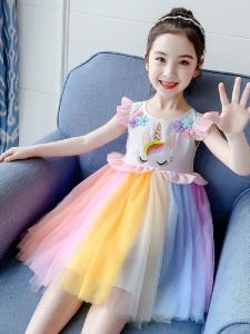 Princess Style Rainbow Printed Summer Dress for Girls Childrens Clothing Puffy Skirt Fashionable Kids Dress 2024 New Arrival
