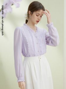 isabufei | Áo Blouse Tím Dễ Thương Voan Lỏng Có Cổ