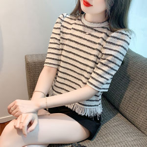 Elegant Tassel Stripe Small Fragrance Style Womens round Neck Short Sleeve T-Shirt BaKuSen Summer New Arrival Fashion Top