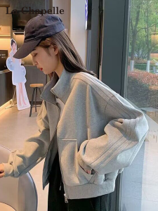 La Chapelle Grey Sporty Short Open Cardigan Womens Spring Autumn New American Casual Top Baseball Style Thickened Nylon Cotton Blend