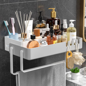 Bathroom Storage Rack Shelf with Towel Bar Wall-mounted Punch-free Shower Shampoo Holder Extendable Kitchen Toilet Organizer Basket Shower Rak Bilik Mandi Dinding