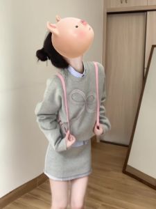 Gray Long Sleeve Sweatshirt Dress Womens Autumn High-End Feeling College Style One Set of Elegant Skirt And Dress