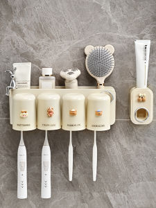 Bathroom Wall Mounted Toothbrush Cup Holder Cream Style Dental Kit Organizer No Drilling Required Toothpaste And Cup Included