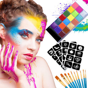 Paint Body Makeup Halloween Face Body Art 20 Color Painting Kit with Brushes Sticker Templates Safe Ingredient Available for Kid