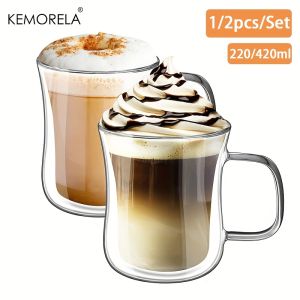 1/2PCS Cappuccino Double Wall Glass Double Wall Glass 220/420ML Borosilicate Glass with Handle For Iced Coffee and Americano