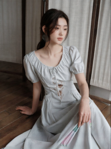 JK&JS | Elegant Blue Bubble Sleeve Dress Chinese Style Brocade Cotton