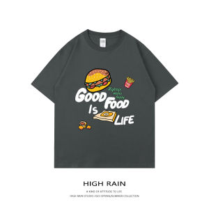 เสื้อยืดแขนสั้นพิมพ์ลายเบอร์เกอร์สไตล์ย้อนยุคสไตล์อเมริกันสำหรับผู้ชาย ทรงหลวม แขนสั้น ผ้าฝ้าย ทรงหลวม ฤดูร้อน 2025