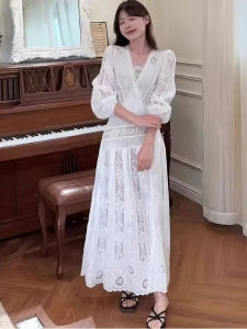 XUECAIQI | Plus Size French Style Lace Slim Fit Waist Cinched White Dress